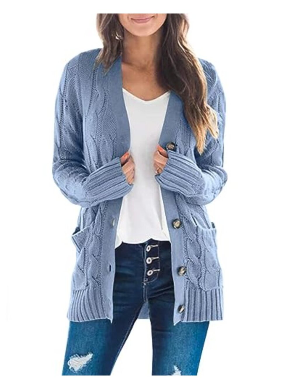 Cable Knit Cardigan Sweater Open Front Button Long Sleeve Relaxed Fit